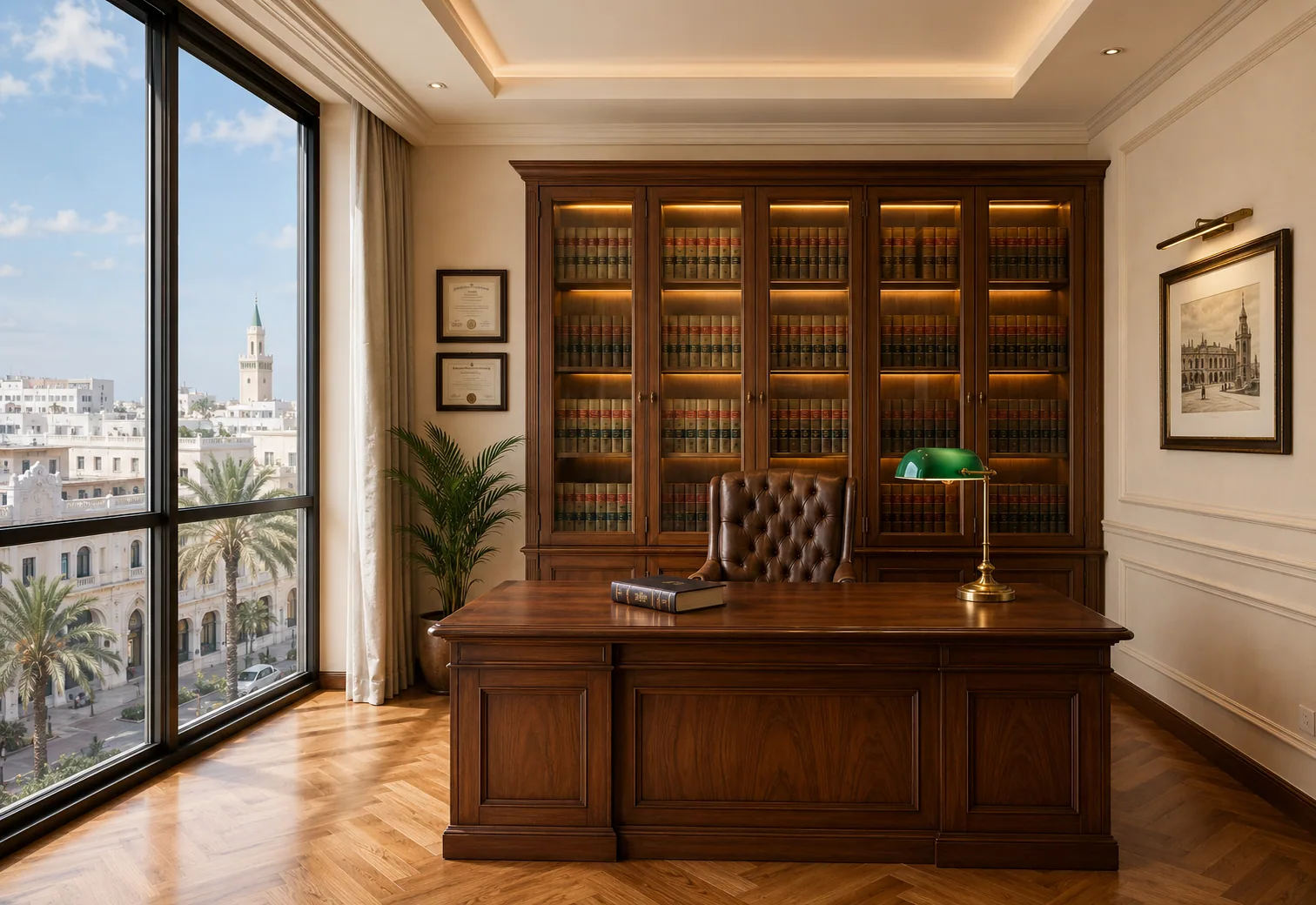 Cabinet d'avocat moderne, bibliothèque juridique et bureau, lumière du jour.