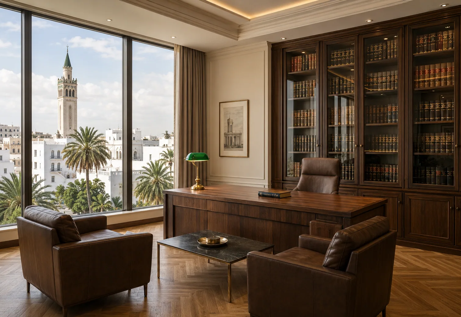 Bureau d'avocat moderne avec bibliothèque juridique et fauteuils.