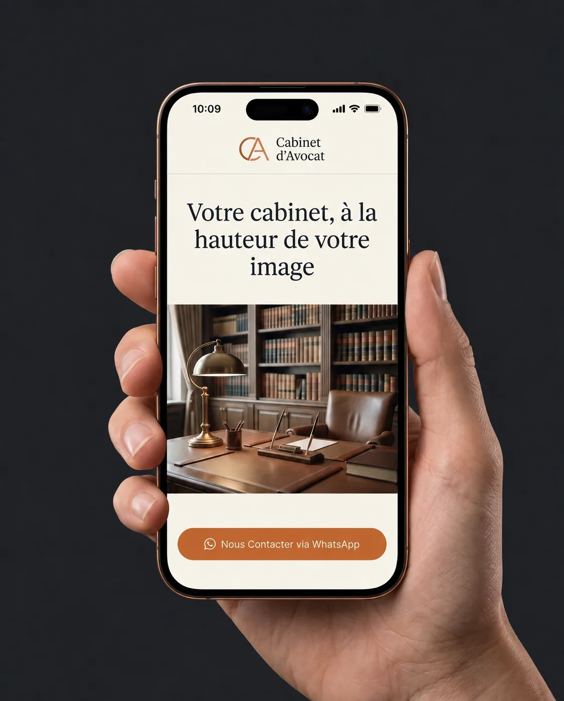 Smartphone affichant la page d'accueil d'un site de cabinet d'avocat.