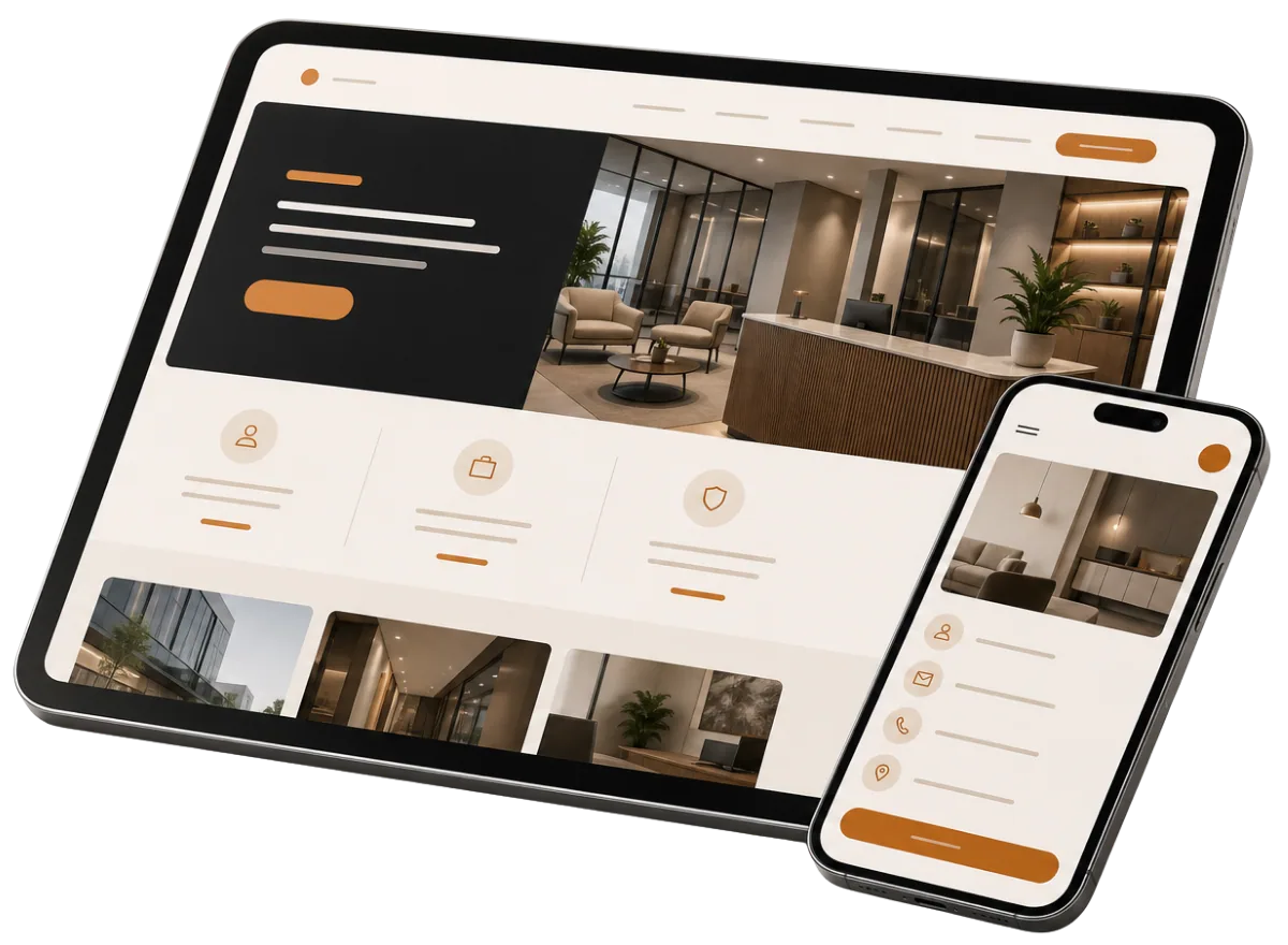 Aperçu d'un site vitrine conçu par Atelier Cadran, affiché sur tablette et sur mobile
